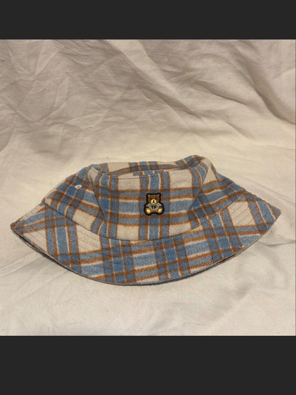 Kids Plaid Bucket Hat with Teddy Pin - Blue & Brown